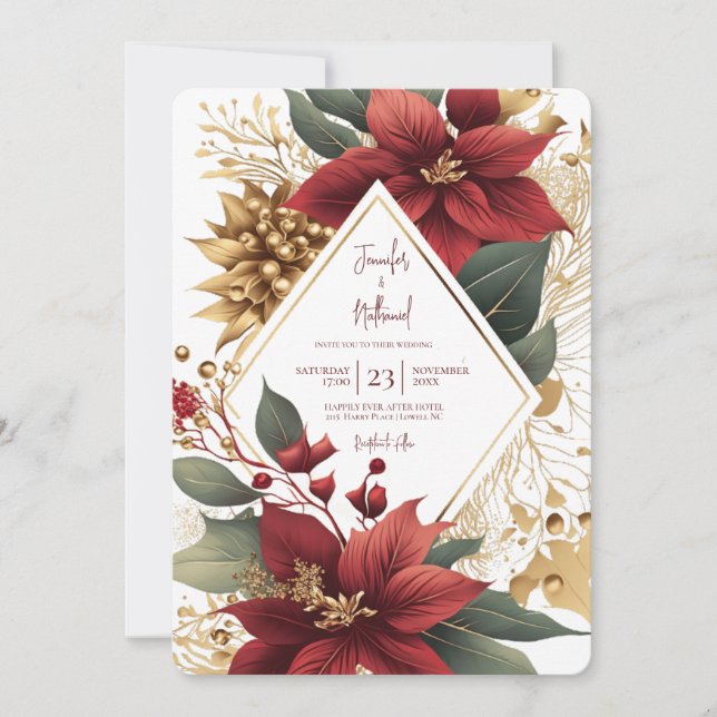 Poinsettia Goldene Weihnachtsfeier Einladung (Vorderseite)