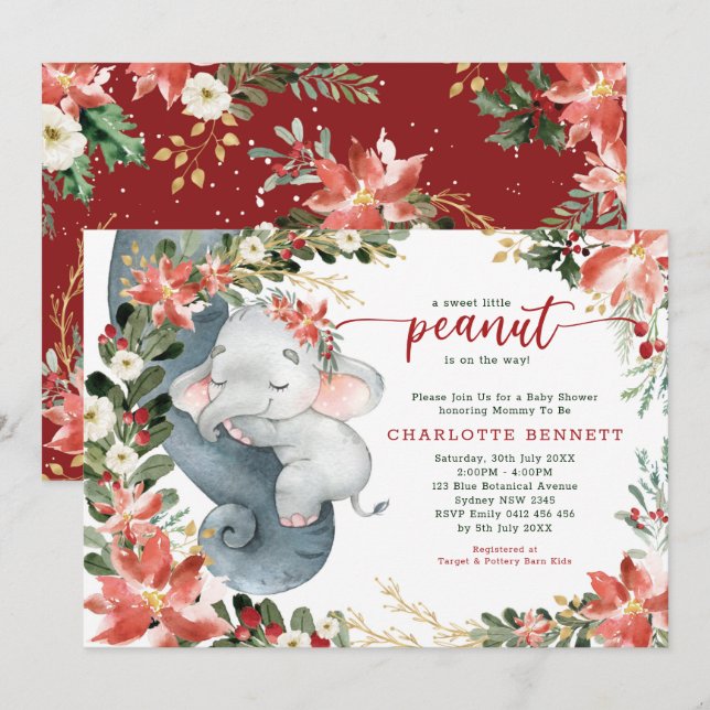 Poinsettia Greenery Elephant Holiday Baby Shower Einladung (Vorne/Hinten)