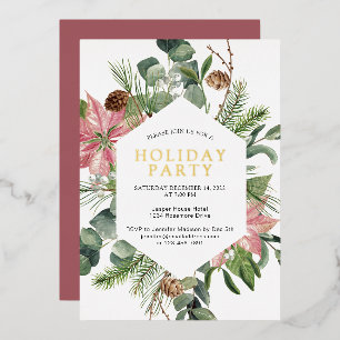 Poinsettia Greenery Wreath Holiday Party Gold Folieneinladung