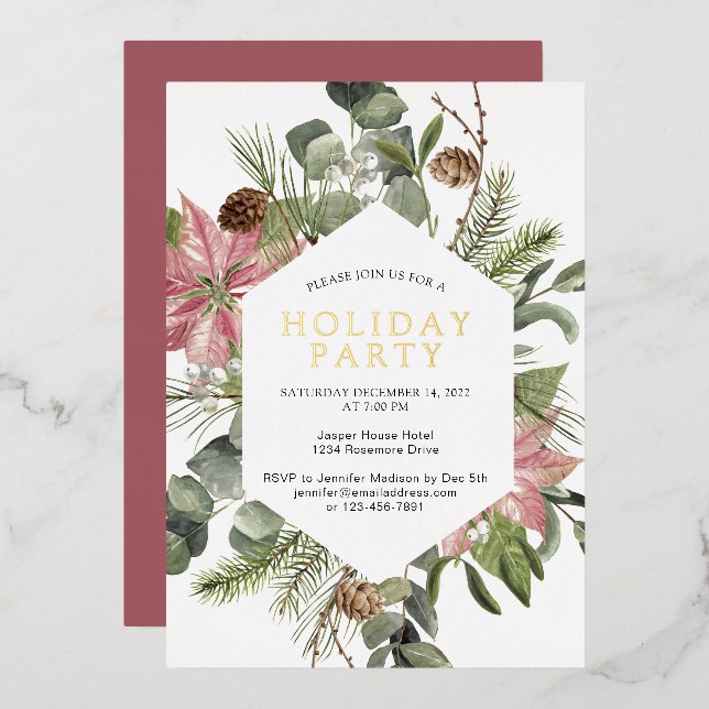 Poinsettia Greenery Wreath Holiday Party Gold Folieneinladung (Vorderseite/Rückseite)