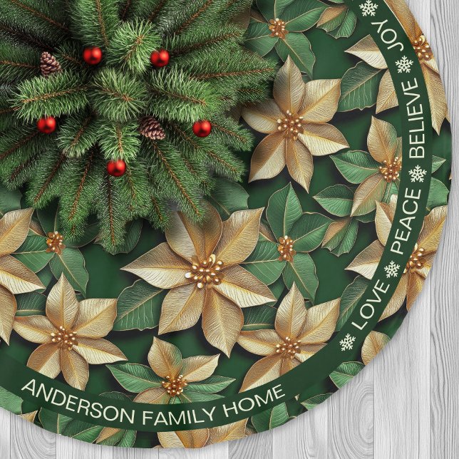 Poinsettia Grün & Gold Feierliche Worte Weihnachte Polyester Weihnachtsbaumdecke (Poinsettia Green & Gold Festive Words Christmas Brushed Polyester Tree Skirt)