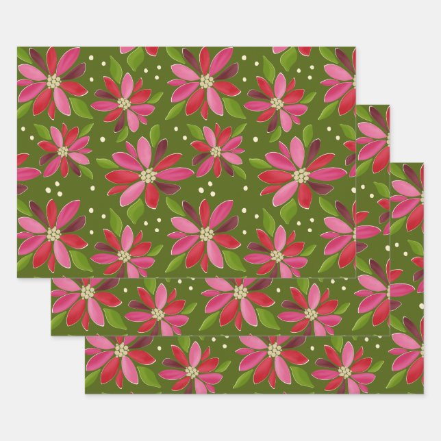Poinsettia Grüne Geschenkpackung 3 Packung Geschenkpapier Set (Set)
