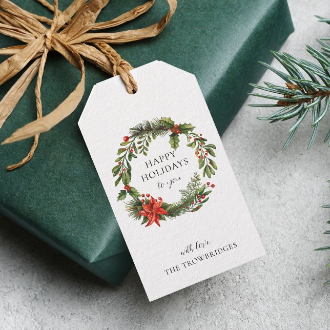 Poinsettia Grüne Weihnachtsfeiertage Wreath Geschenkanhänger (Christmas Holidays Red Berries Wreath Gift Tag)