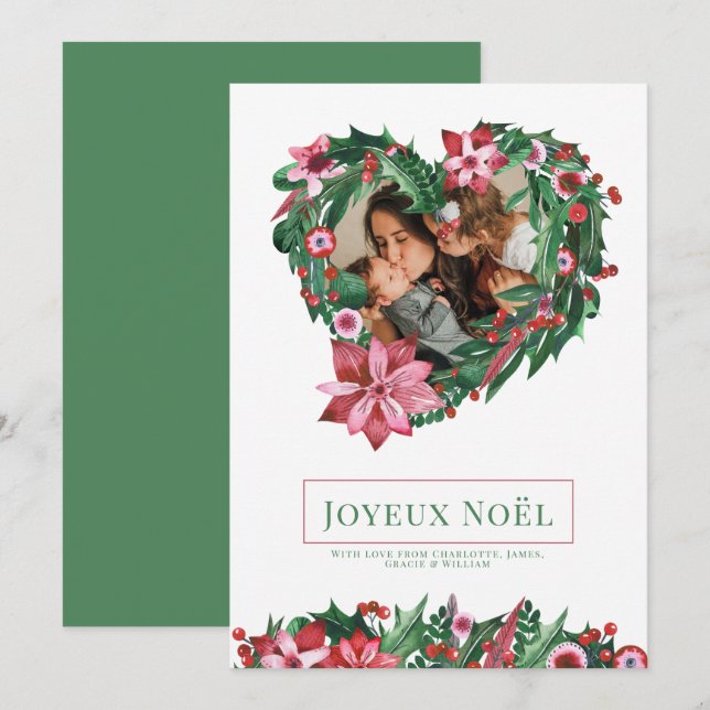 Poinsettia Heart Wreath Joyeux Noël Weihnachtskart Einladung (Vorne/Hinten)