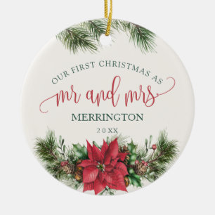 Poinsettia Herr & Mrs.   Erste Verheiratete Weihna Keramik Ornament