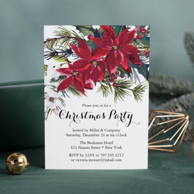 Poinsettia Holiday Floral Christmas Partys Company Einladung (Von Creator hochgeladen)