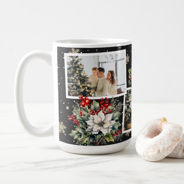 Poinsettia Holly Berries Schwarzes Foto Weihnachte Kaffeetasse (Mit Donut)
