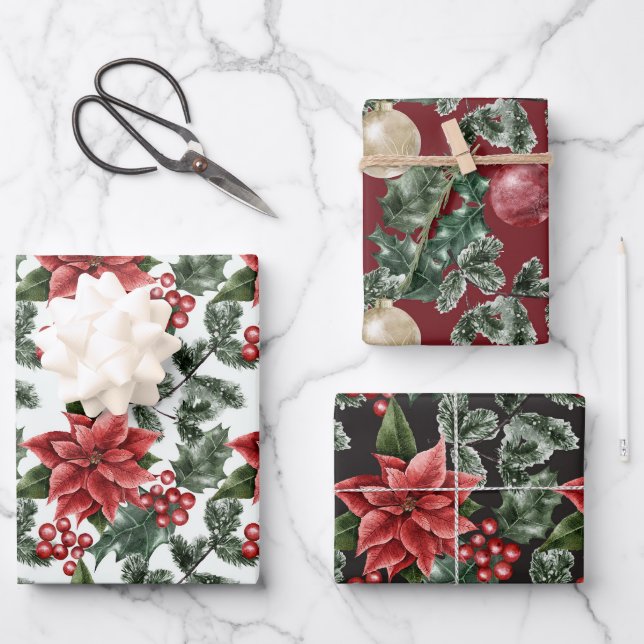 Poinsettia Holly Berries Weihnachten Geschenkpapier Set (Vorderseite)