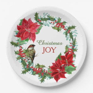 Poinsettia Holly Berry Christmas Wreath Pappteller