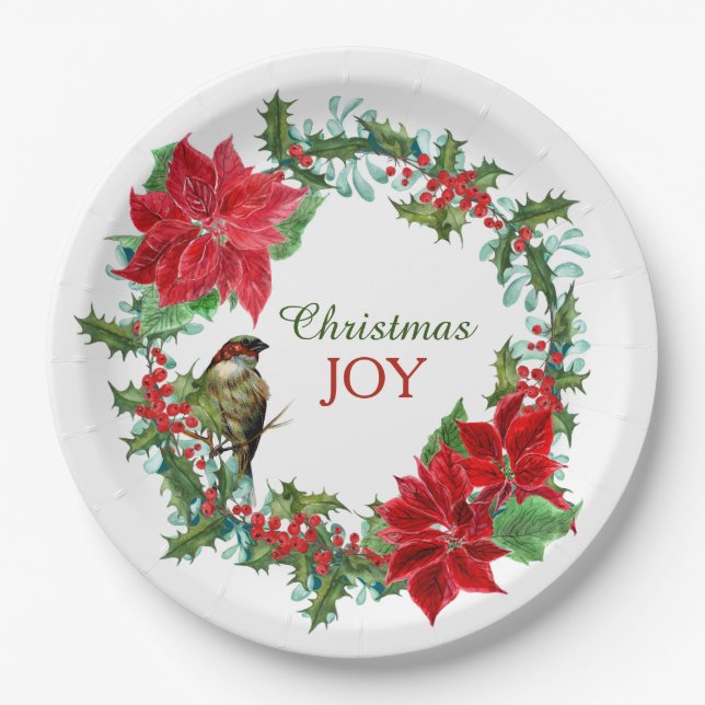 Poinsettia Holly Berry Christmas Wreath Pappteller (Vorderseite)