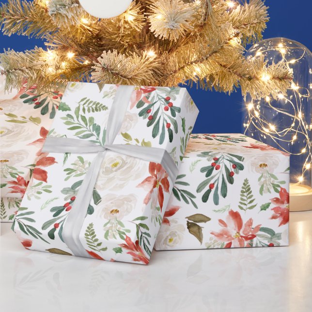 Poinsettia Holly Berry Ivory Floral Holiday Season Geschenkpapier (Feiertage)