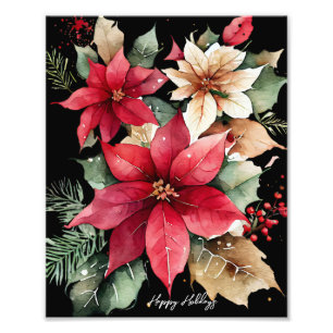 Poinsettia Holly Berry Red White Blumen Christmas Fotodruck