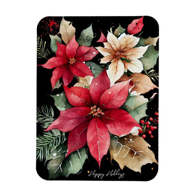 Poinsettia Holly Berry Red White Blumen Christmas Magnet (Vertikal)