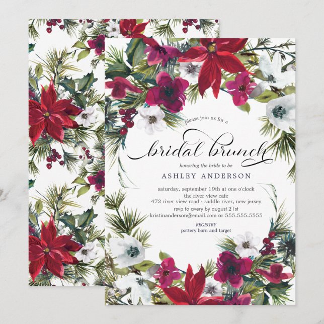 Poinsettia Holly Brautparty Brunch Einladung (Vorne/Hinten)