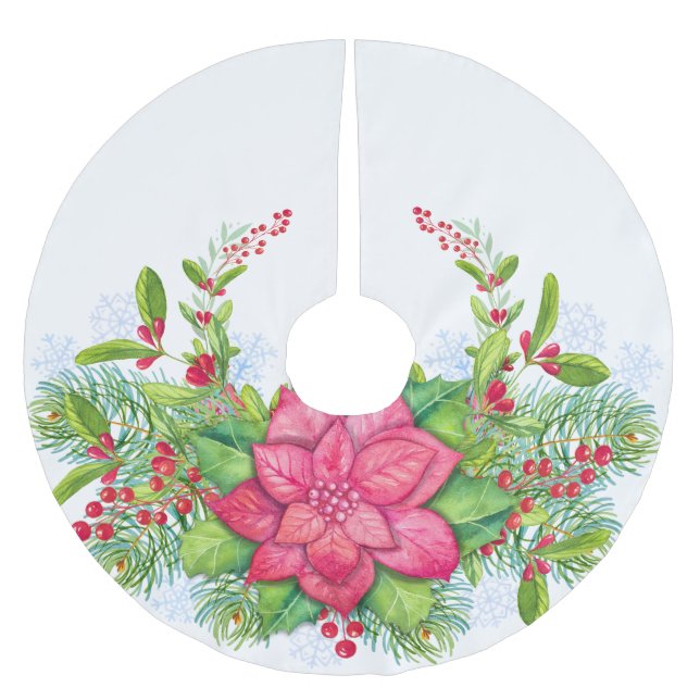 Poinsettia Holly Evergreen Weihnachten Weihnachten Polyester Weihnachtsbaumdecke (Vorderseite)