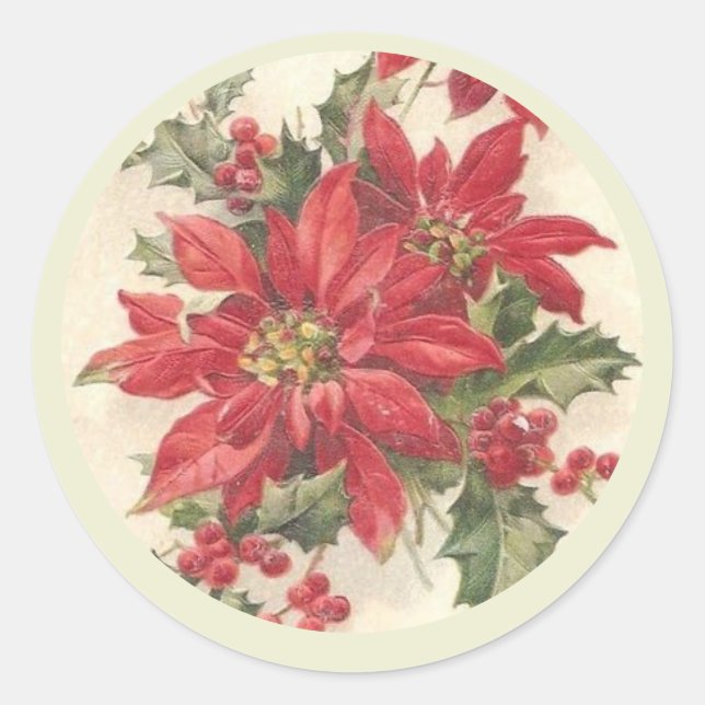 Poinsettia Holly Vintage Weihnachtsfeiertag Siegel Runder Aufkleber (Vorderseite)