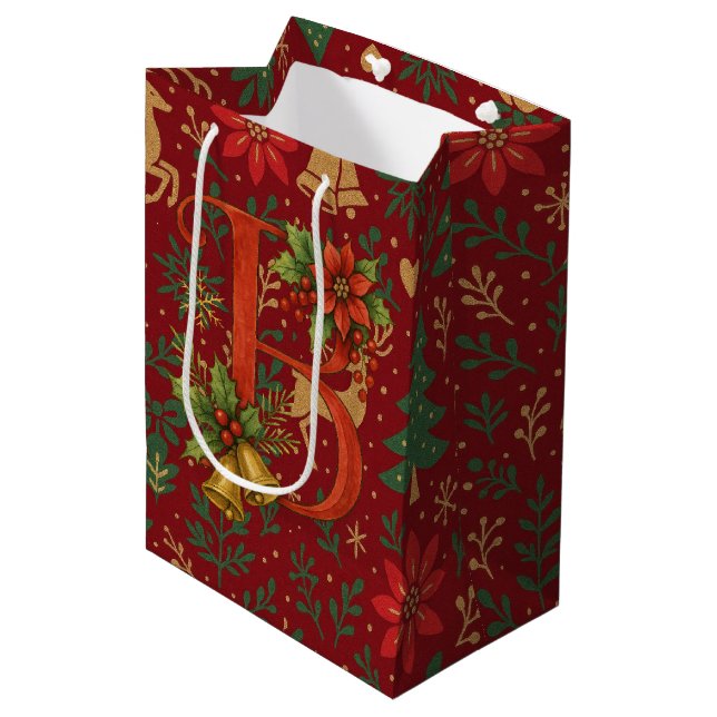 Poinsettia, Initial B Letter Reindeer Medium Gift  Mittlere Geschenktüte (Vorderseite Schrägansicht)