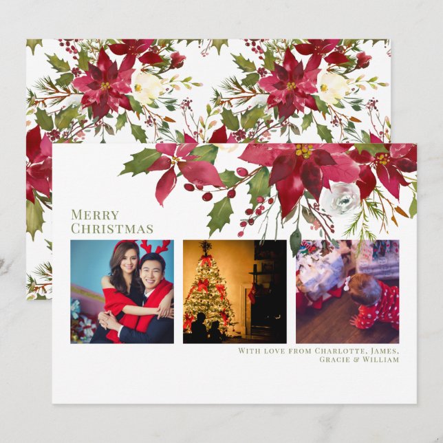 Poinsettia Joyeux Noël Elégante carte de Noël (Devant / Derrière)