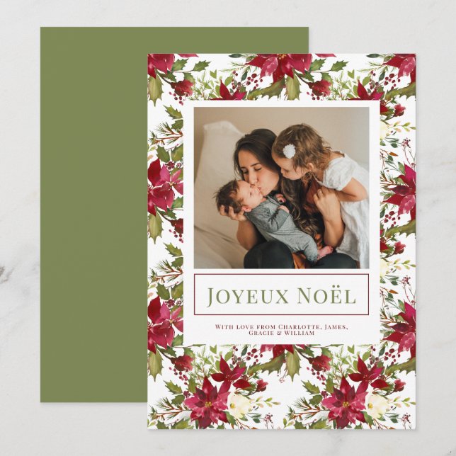 Poinsettia Joyeux Noël Elégante carte de Noël (Devant / Derrière)