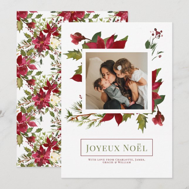 Poinsettia Joyeux Noël Elegante Weihnachtskarte Einladung (Vorne/Hinten)
