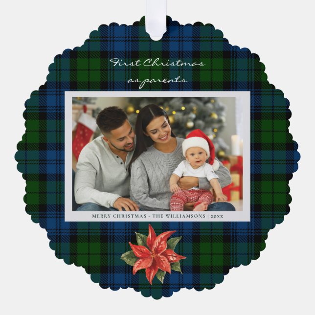 Poinsettia Kariertes Foto Weihnachten Tartan Ornament Karte (Vorderseite)