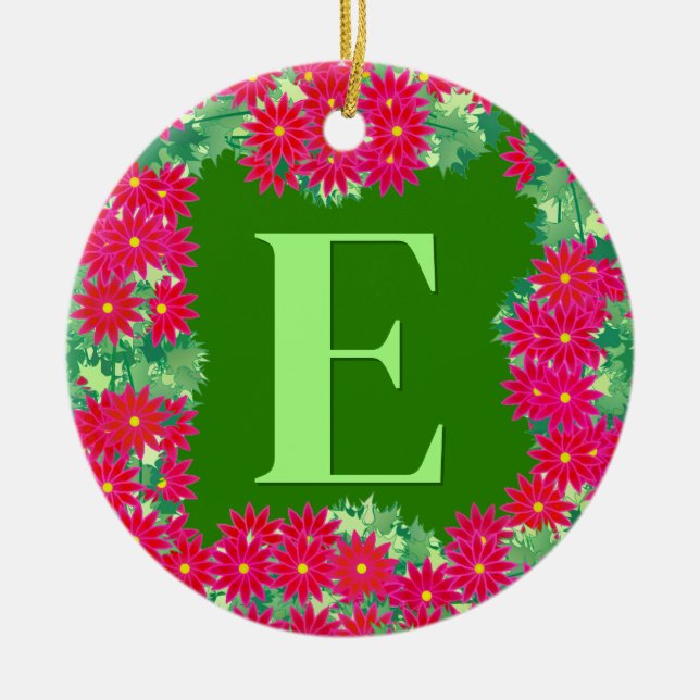 Poinsettia Kranz mit Monogramm, Rot und Grün Keramik Ornament (Vorne)