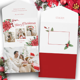Poinsettia & Merry Christmas Typografie 3-Foto All In One Einladung