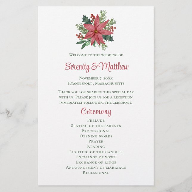 Poinsettia Noël Rouge Floral Programme de mariage (Devant)