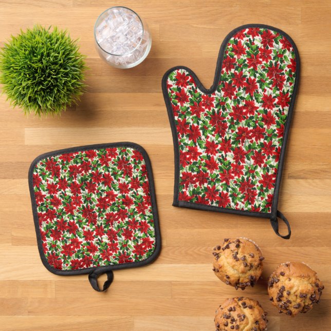 Poinsettia Pattern Weihnachten Ofenhandschuh & Topflappen-Set (Oben Unten)