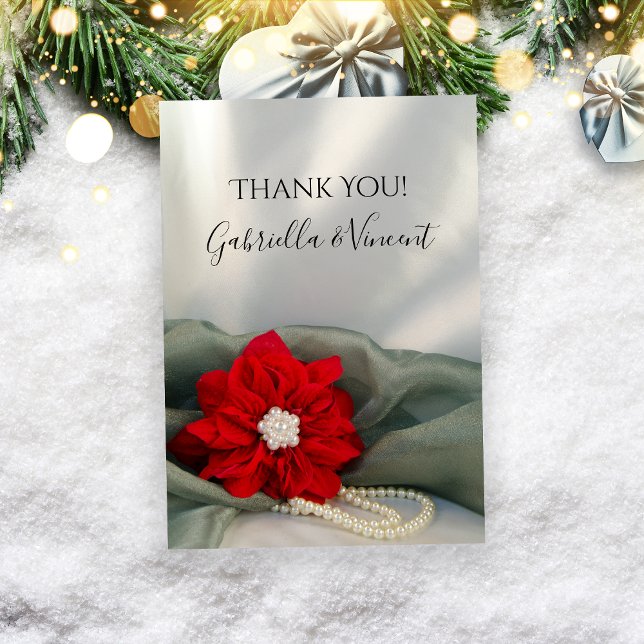 Poinsettia Pearls Green Winter Wedding Vielen Dank Dankeskarte (Show appreciation after your December event with the Poinsettia and Pearls Wedding Thank You Note.)