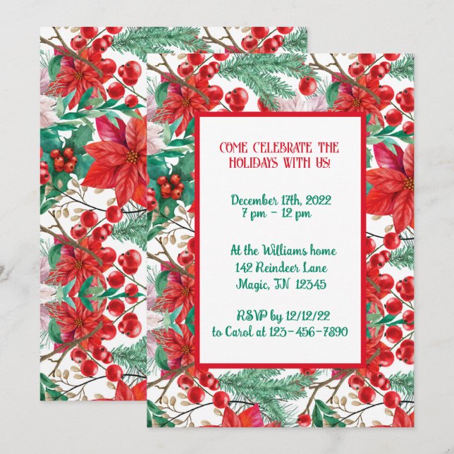 Poinsettia, Pine Boughs und Red Berries Einladung (Vorne/Hinten)