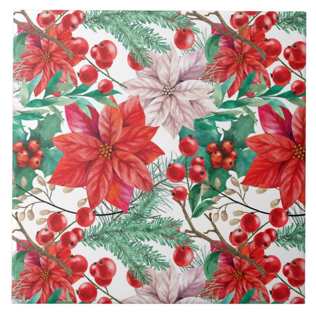 Poinsettia, Pine Boughs und Red Berries Fliese (Vorderseite)