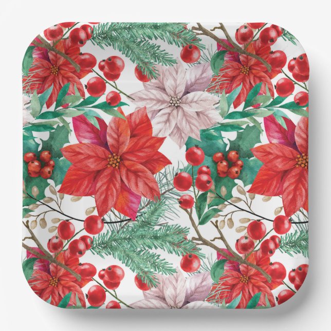Poinsettia, Pine Boughs und Red Berries Pappteller (Vorderseite)