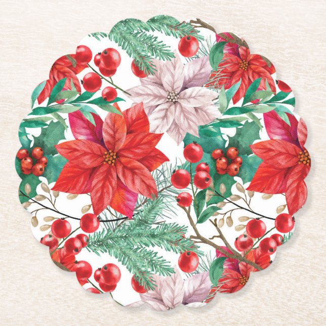 Poinsettia, Pine Boughs und Red Berries Untersetzer (Vorderseite)