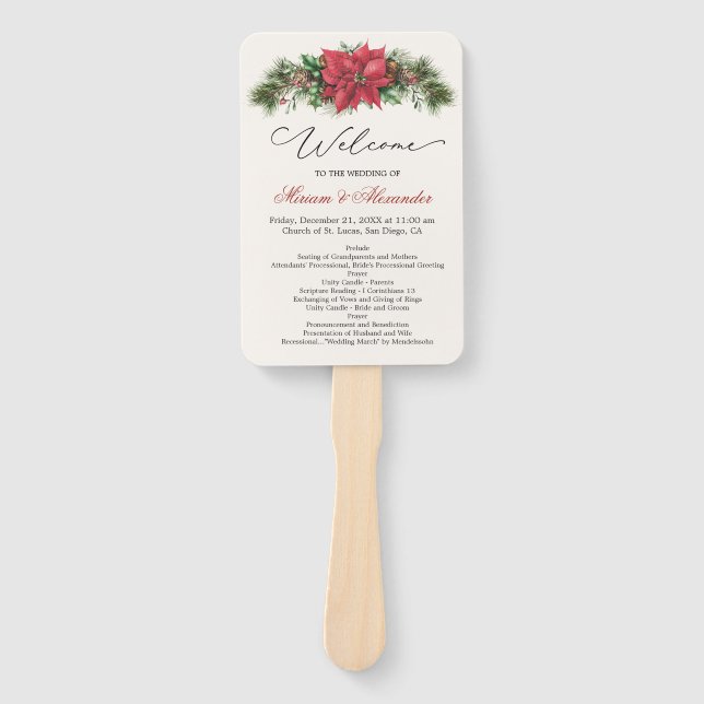 Poinsettia Pine Cones Holly Wedding Program Fächer (Vorderseite)
