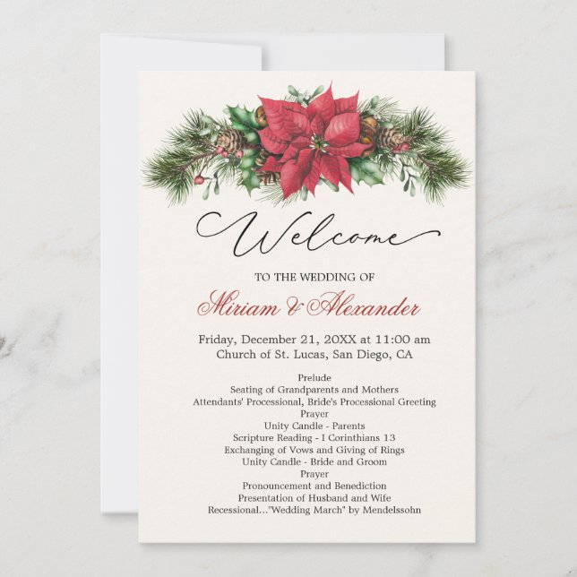 Poinsettia Pine Cones Programme de mariage saint (Devant)