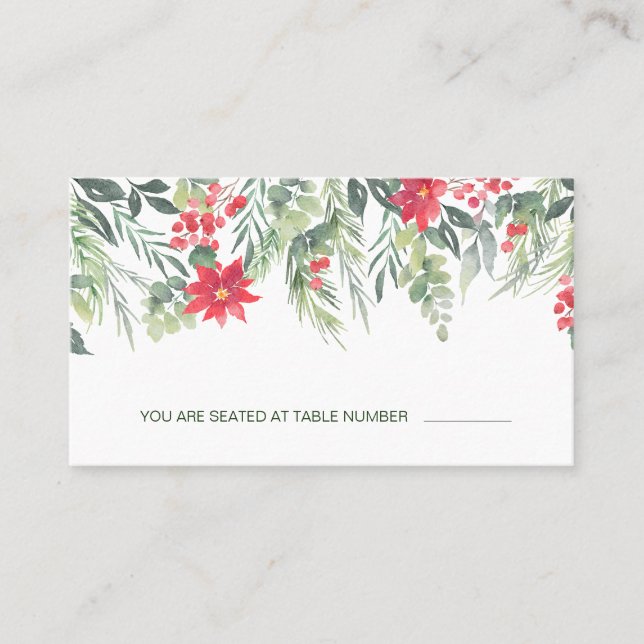 Poinsettia Pine Green Foliage Red Berry Platzkarte (Vorderseite)