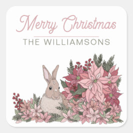 Poinsettia Rabbit Frohe Weihnachtsrosa Quadratischer Aufkleber