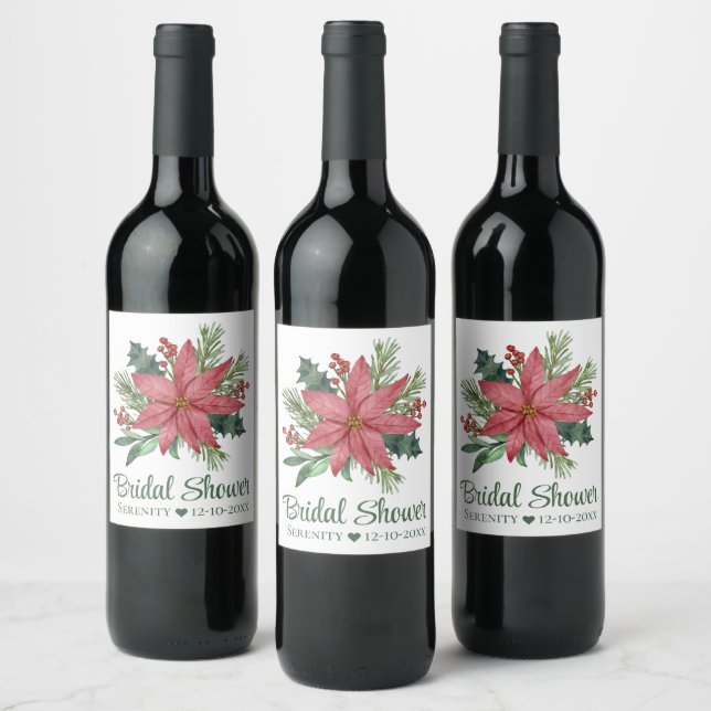 Poinsettia Red Christmas Floral Brautparty Weinetikett (Flaschen)