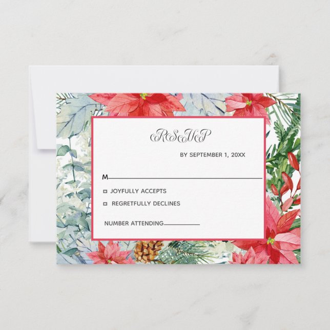 Poinsettia Red Evergreen Winter Christmas RSVP Karte (Vorderseite)