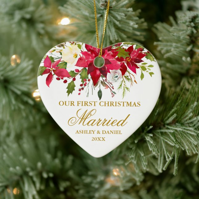 Poinsettia Red Floral Gold Erste Weihnachtsfeier V Keramik Ornament (Baum)