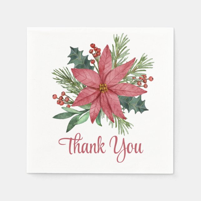 Poinsettia Red Floral Vielen Dank Weihnachten Serviette (Vorderseite)