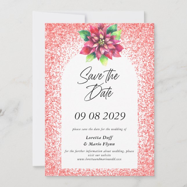 Poinsettia Red Glitter Save the date Invitation Einladung (Vorderseite)