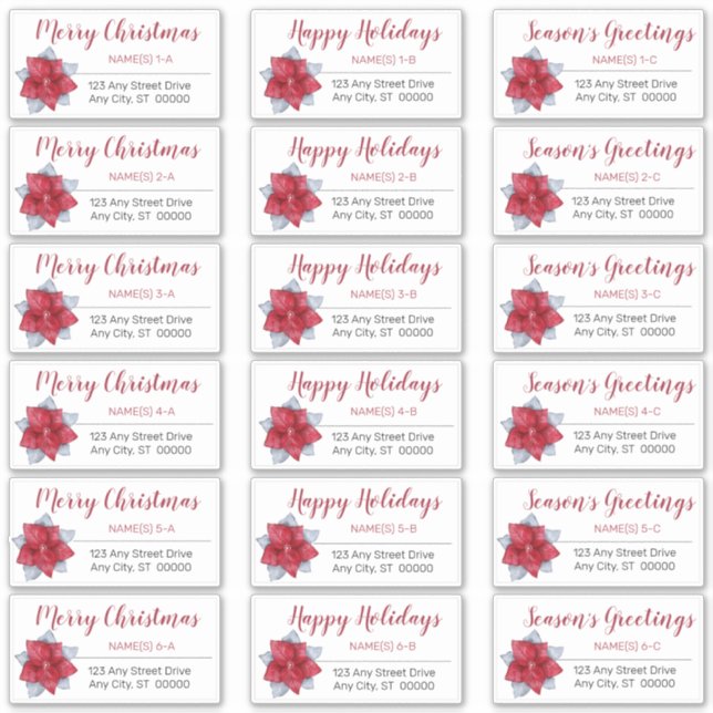 Poinsettia Red | Grau Christmas Address Labels (Vorderseite)
