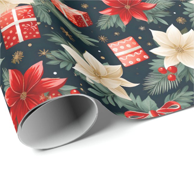 Poinsettia Reds & Creme Hübsches Weihnachtsgeschen Geschenkpapier (Rolleneckpunkt)
