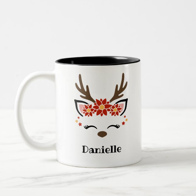 Poinsettia Reindeer Face Personalisierter Name Hol Zweifarbige Tasse (Links)
