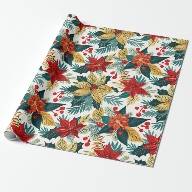 Poinsettia Retro Weihnachtswrapping Paper Geschenkpapier (Ungerollt)