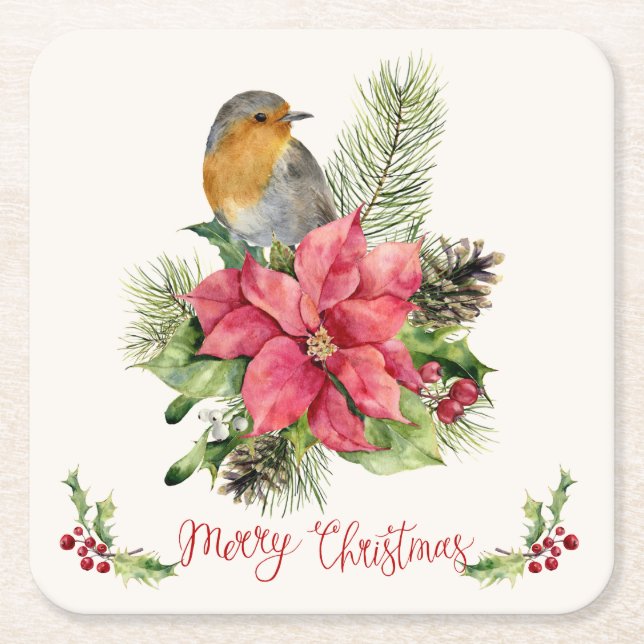 Poinsettia, Robin, Heilige, Kiefer, Kegel Weihnach Rechteckiger Pappuntersetzer (Vorderseite)