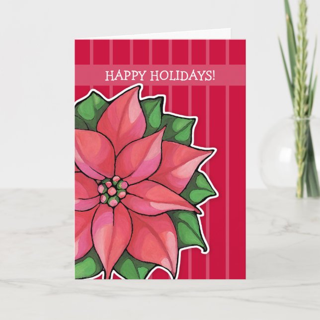 Poinsettia Rote Streifen Feiertagskarte (Vorderseite)