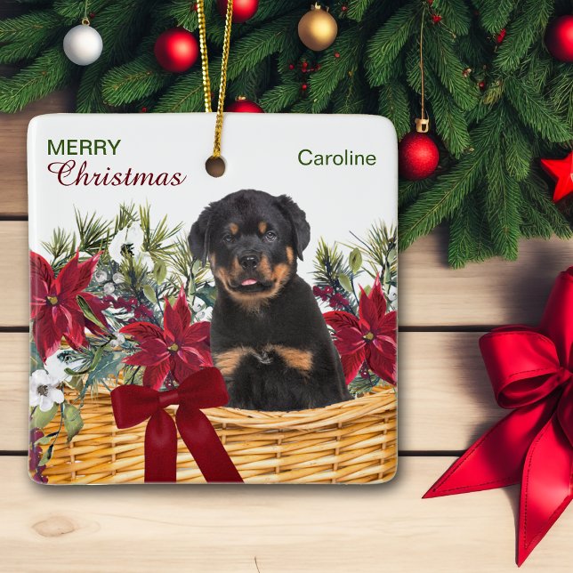 Poinsettia Rottweiler Welpe Weihnachtskorb Keramikornament (Von Creator hochgeladen)